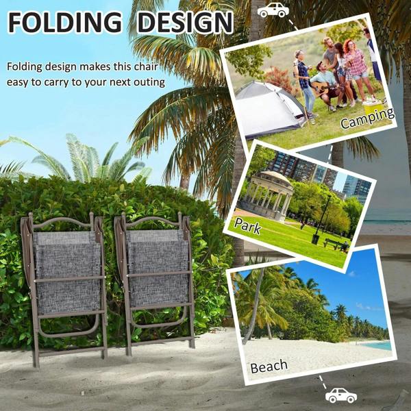 Grey folding garden chair with tall mesh back and mesh seat, outdoors