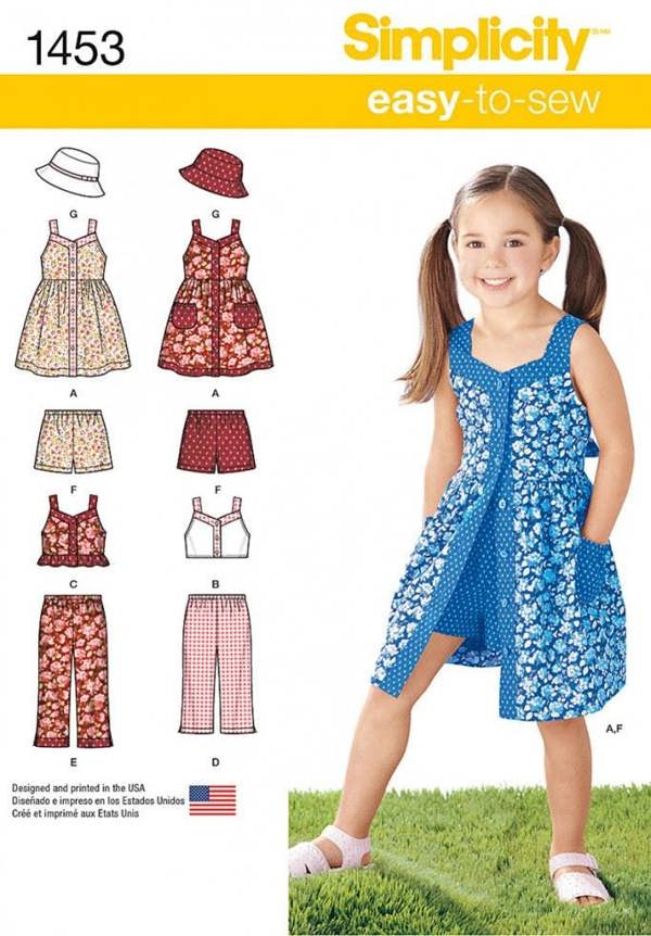 Simplicity Sewing Pattern 1453, Dresses, Headwear, Trousers, Shorts, Tops for Kids, Ages: 3-4-5-6-7-8 - Intermediate