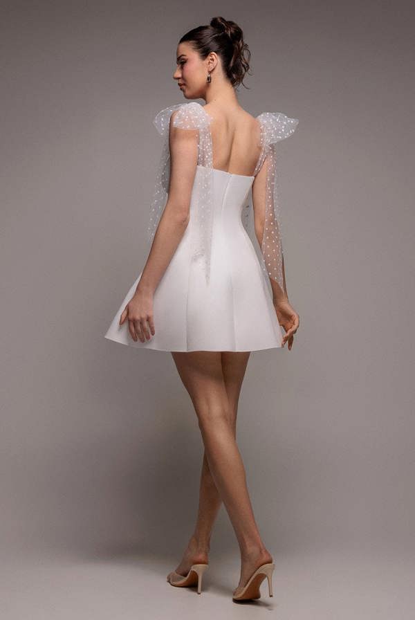 Scuba & Polka Mesh Bella Bow Multiway Skater Mini Dress - White DR4887