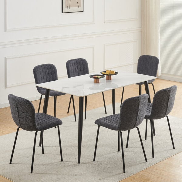 Set of 6 Teddy Faux Fur Stitched Design Dining Chairs Bella - Dark Grey 