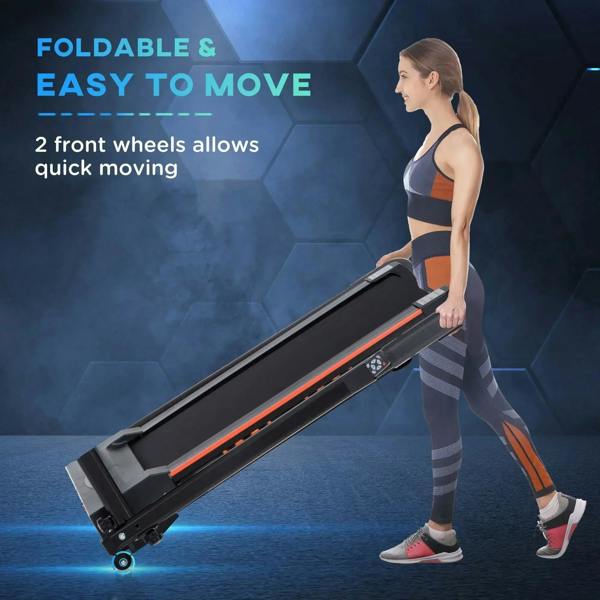 Black folding treadmill with front wheels and handrails, positioned for easy movement.