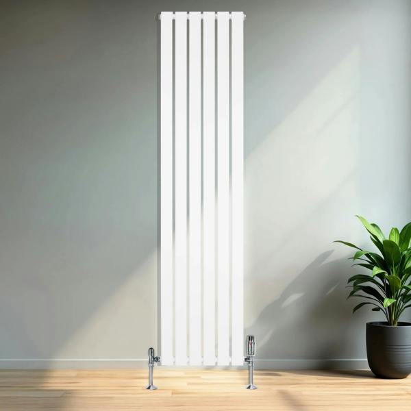 Flat single column radiator in sleek white finish, 1800 x 420mm, featuring vertical bars and modern design, set against a minimalist interior