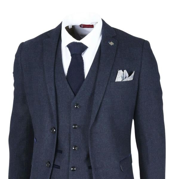 Infinity Leather Men's Navy Blue Wool Blend Tweed Formal Suit