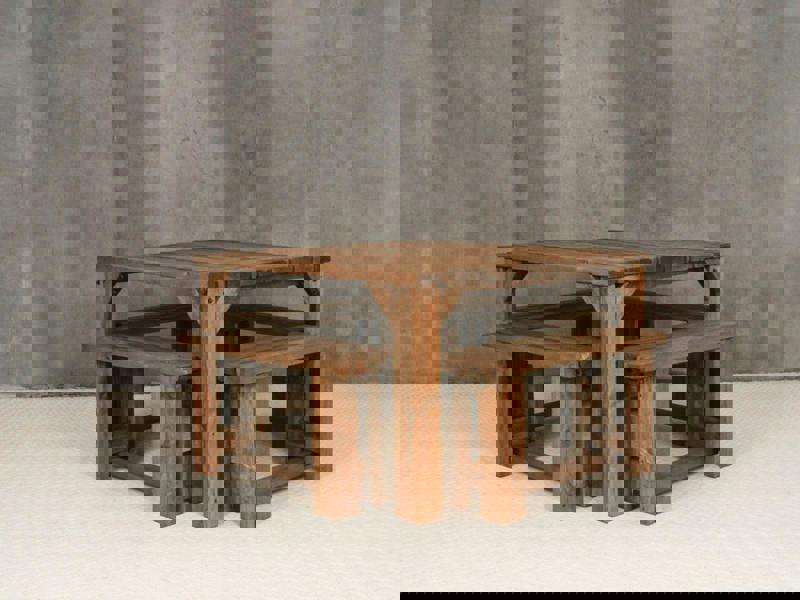 QUADRUM Picnic Table with 4 Benches – Rustic Finish Wooden Outdoor Dining Set for Gardens, Patios, and Picnics