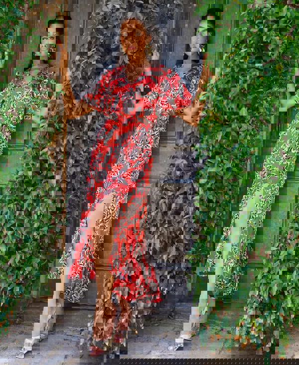 Red Floral Satin Wrap Midi