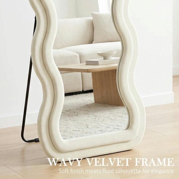 Full Length Mirror, 160 x 60 cm Wavy Full Body Wall Standing Mirror with Velvet Frame and Tempered Glass, Cream White