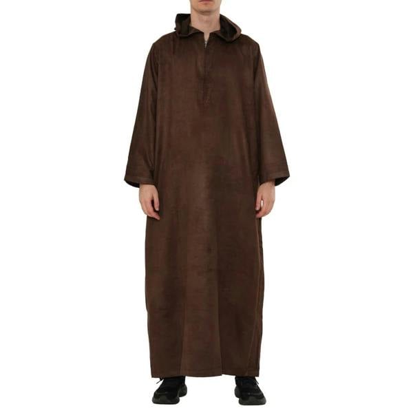 HM12 - Men's Hooded Suede Emirati Omani Zipped Thobe - Brown - Thobez - 22