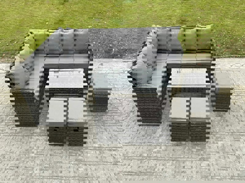 Fimous 9 Seater Outdoor Rattan Garden Furniture Set Corner Sofa Oblong Coffee Table Sets with Patio 3 Small Footstools Dark Grey Mixed