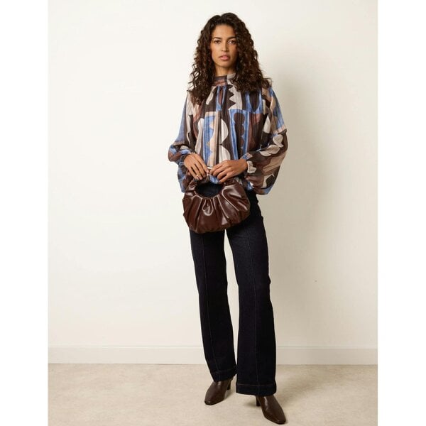 Blue Vanilla Geometric Print Scoop Neck Long Sleeve Blouse