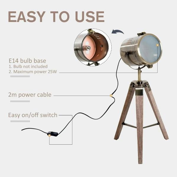 Tripod spotlight desk lamp on dark wood stand with power cord and switch (diagram shown)