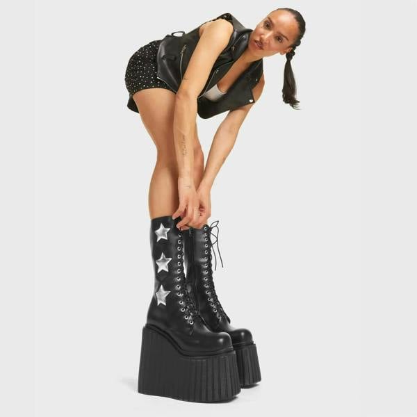 Lamoda Can't Cope Black PU with Silver Detail Lace-Up Platform Ankle Boots
