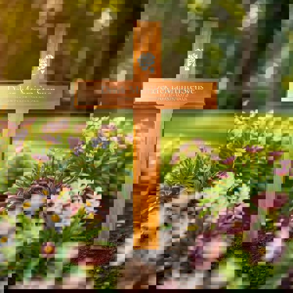 Memorials Direct Personalised Mahogany Memorial Cross, Rose – Durable Wooden Grave Marker for Outdoor Use