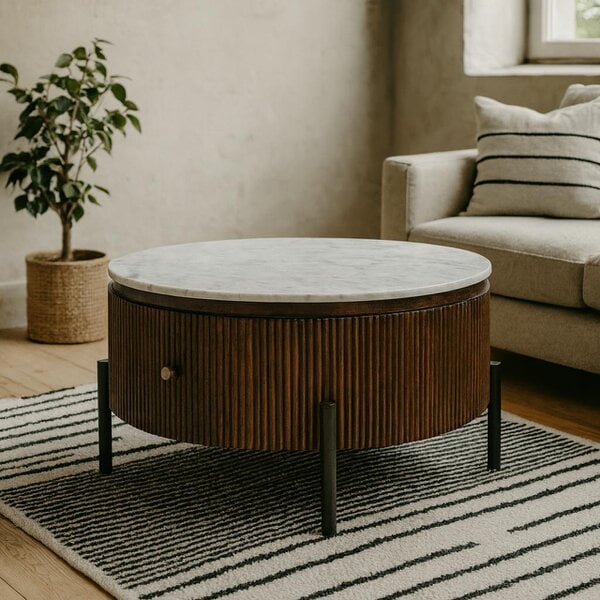 Wyld Haus Alabama Ribbed Mango Wood Round Fluted Coffee Table With Marble Top and Metal Legs