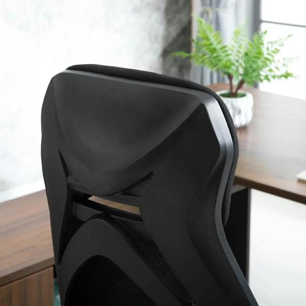Black high-back office chair with curved headrest and mesh back panel