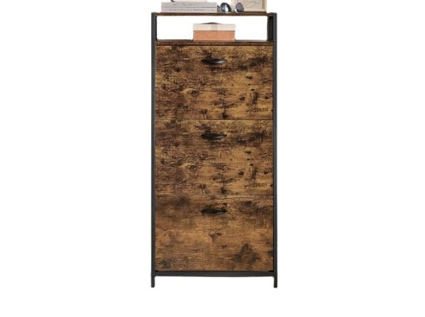 Modcraft Slim Rustic Brown & Black Shoe Cabinet with 3 Fold-Out Doors - Industrial Style