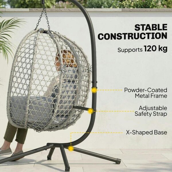 Hanging Egg Chair, Indoor Outdoor Rattan Hammock Swing Chair with Stand, Safety Strap, Foldable Basket, Light Grey
