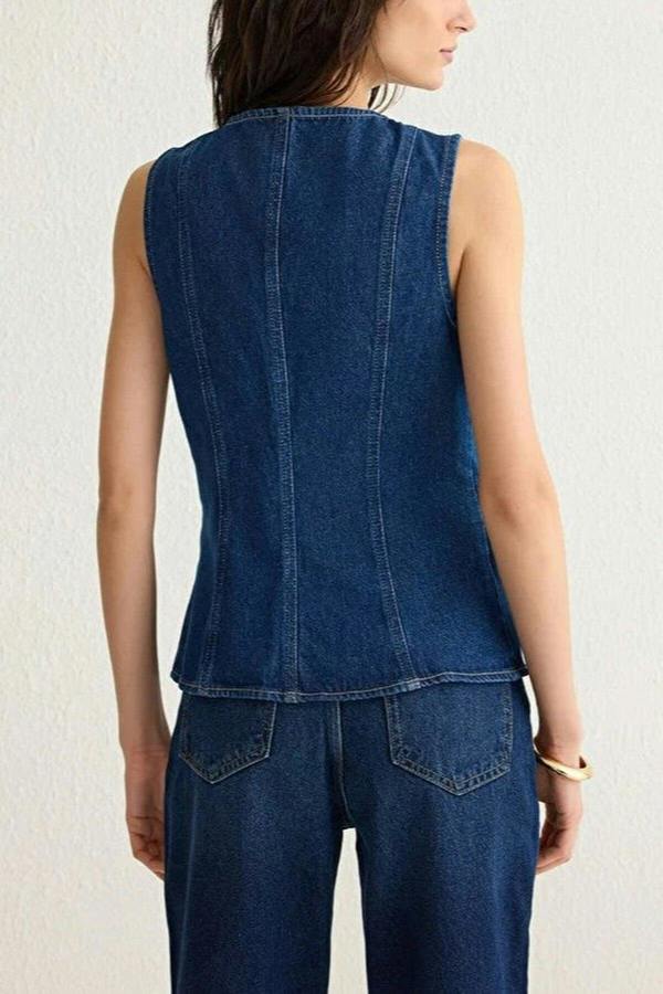 WOVCOR Denim Vest with Gold Button and Stitching Details