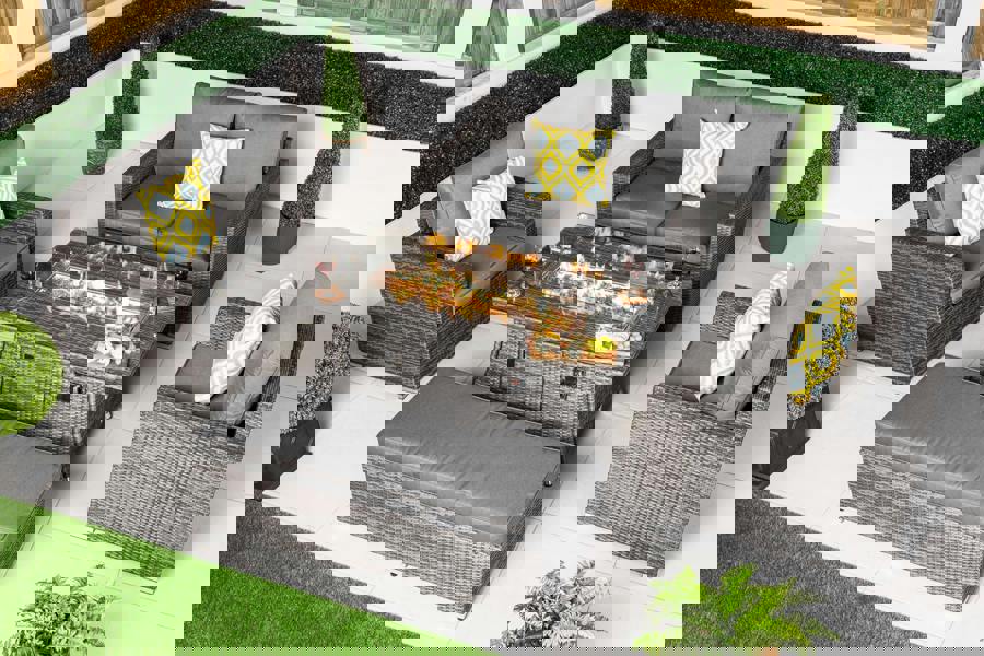 Giardino Sydney Loveseat Sofa Rattan Garden Furniture Outdoor Lounge Set with Arm Chairs, Fire Pit Coffee Table & Bench