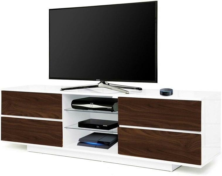 Centurion Supports Avitus Gloss White TV Stand  with 4 Walnut Drawers and 2 Glass Shelves TV up to 65" Cabinet
