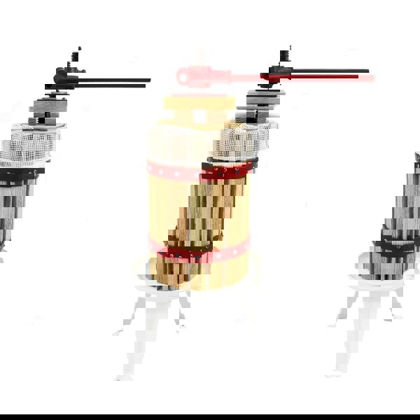 KuKoo 6 Litre Fruit Press with wooden slats, red metal handle, and white base, designed for efficient fruit juicing and pressing