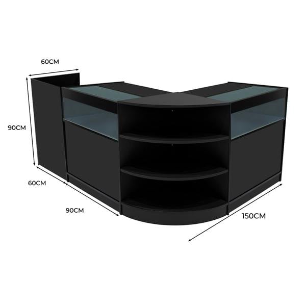 Sagittarius LED Shop Counter Set in sleek black, featuring curved design, glass display tops, and ample storage shelves, dimensions 150cm x 90cm x 90cm