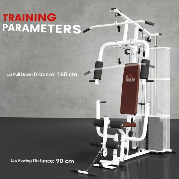 White home gym station with cable arms and maroon back pad, training distance markers