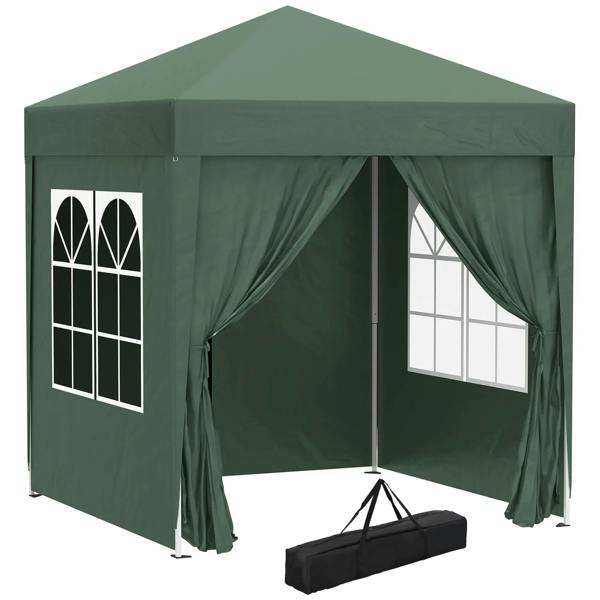 Green pop-up gazebo tent with sidewalls and white window panels, includes carry bag