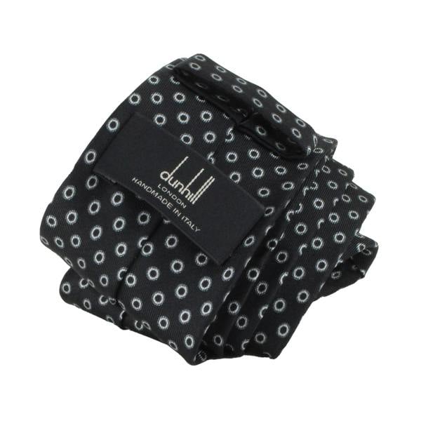 Dunhill Men's Black Silk Tie with Silver Ring Dot Pattern