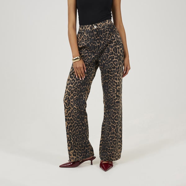 Brave Soul Leopard Print Wide Leg Jeans - Brown