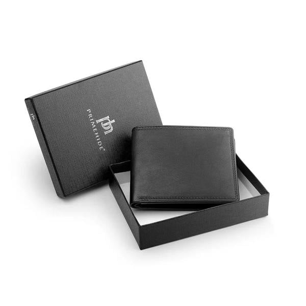 Slim men’s black leather bifold wallet side profile