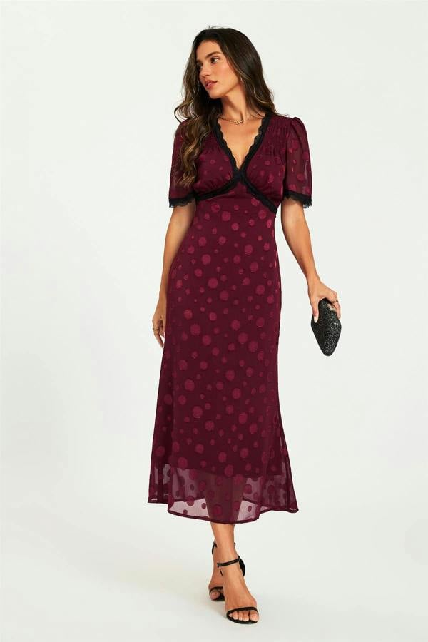 FS Collection Polka Dot Jacquard Lace Trim Midi Dress In Wine