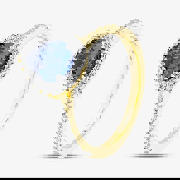 T. H. Baker Silver Gold Plated Blue Pear Cut Cubic Zirconia Shoulder Set Halo Ring S2186Y