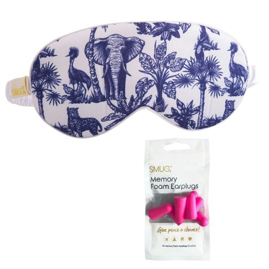 SMUG Satin Sleep Mask - Elephant Print - Sleep Mask & Pink Earplugs