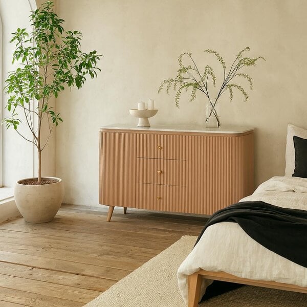 Wyld Haus Boston Natural Oak and Brown Marble 3 Drawer Sideboard
