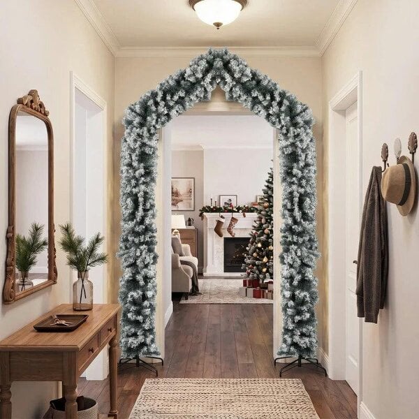 Bobobiy 9ft Flocked Snow Christmas Tree Arch, Christmas Single Arch Doorway Decor with 1400 Branch Tips and Steel Stand, Green