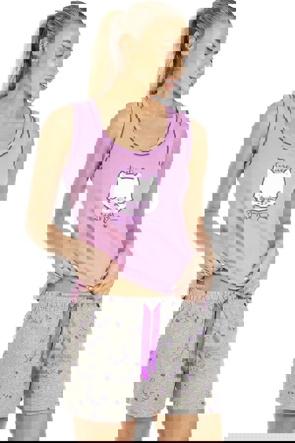 Camille Womens Short Cotton Lilac Cat Print Pyjama Set