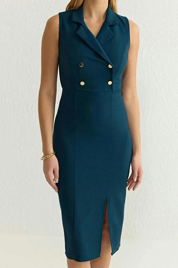 WOVCOR Fitted Jacket Collar Midi Woven Dress