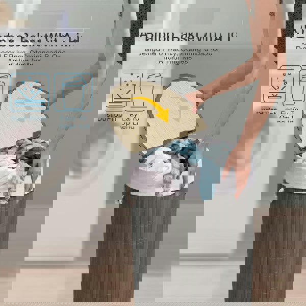 MANTRARAJ 50L Folding Bamboo Laundry Basket Bin Hamper Basket Storage Organizer With Lid And Removable Washable Bag(Grey)