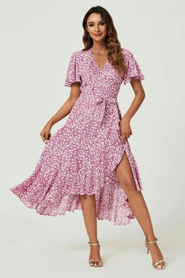 FS Collection Floral Print Midi Wrap Dress In Pink