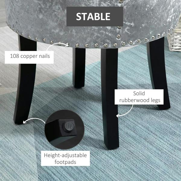 Grey velvet vanity stool with copper nailhead trim, black rubber-wood legs, adjustable footpads