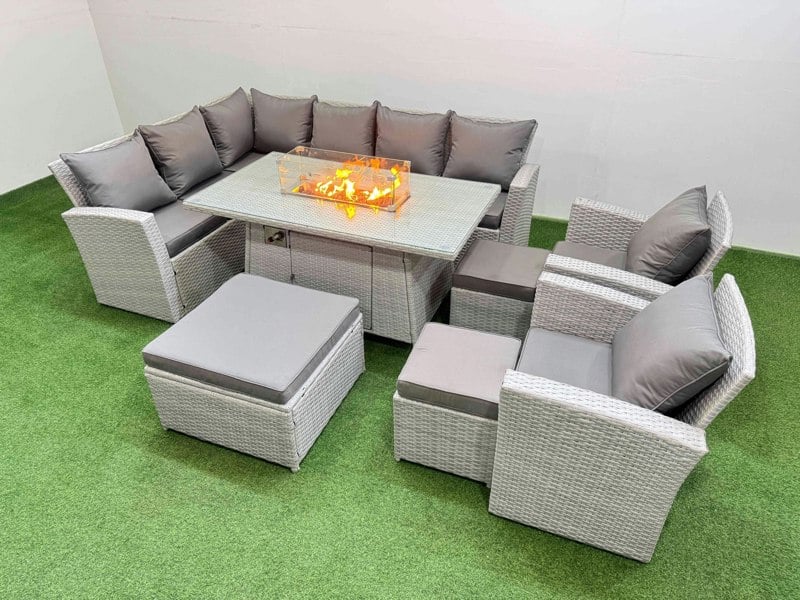 Fimous Rattan Corner Sofa Chair Set Outdoor Furniture Garden Dining Sets Gas Fire Pit Table with Temper Glass 3 Footstools Light Grey Mixed
