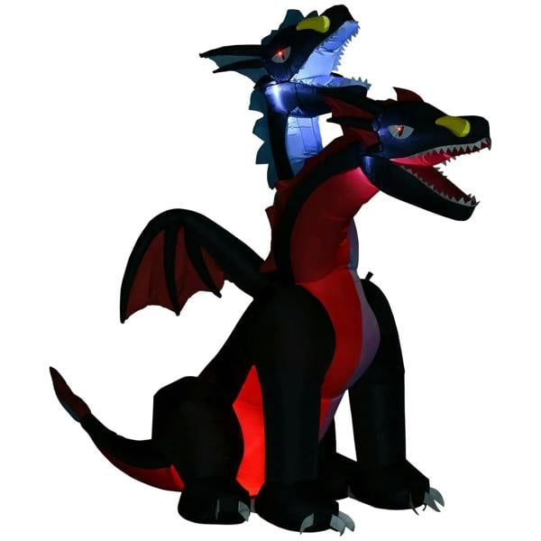Two-headed inflatable Halloween dragon decoration in black, red, and blue with LED eyes