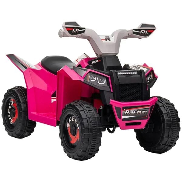 Pink kids quad bike with handlebars, black seat, and rugged four-wheel frame, side view