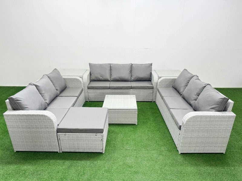 Fimous PE Rattan Lounge Sofa Set 10 Seater Outdoor Garden Furniture Set with Square Coffee Table 3 Seater Sofa Big Footstool 2 Side Table Light Grey