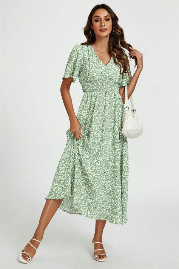 FS Collection Multi Floral Print V Neck Midi Dress In Green