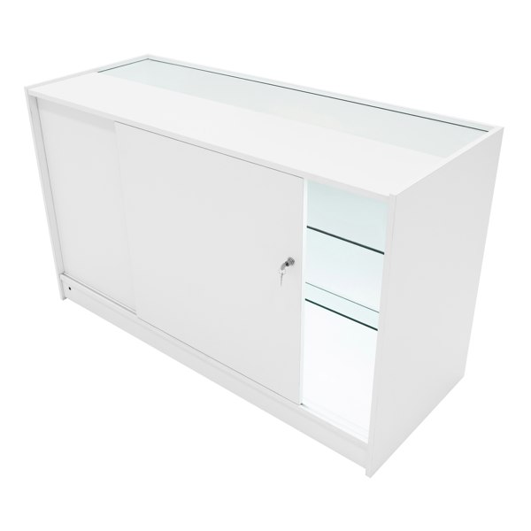 LED Retail Shop Counter K1500 in sleek white finish, featuring sliding doors, glass shelves, and a modern design for display and storage
