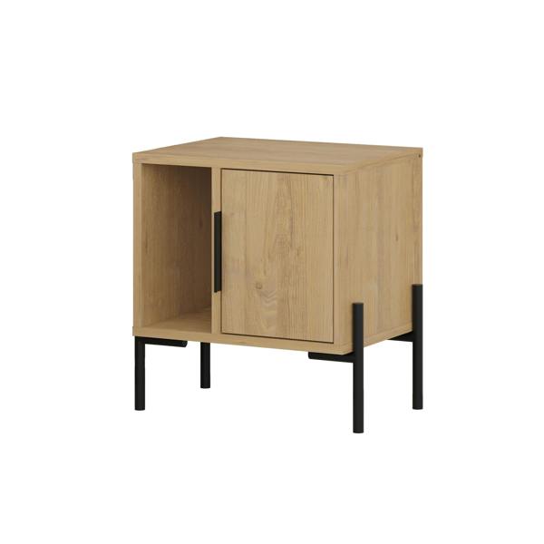 Decortie Modern Glynn Bedside Table Oak w/Black Metal T Legs 48(D)cm Nightstand 1-Door Storage Cabinet Metal Handle Bedroom Home