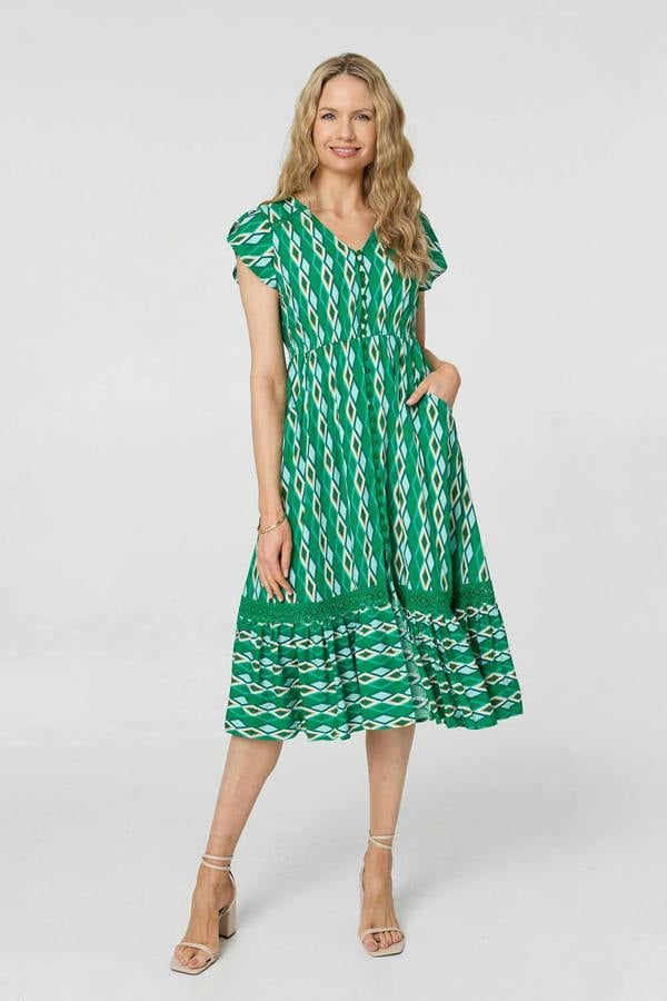 Green | Geo Print Cap Sleeve Lace Midi Dress
