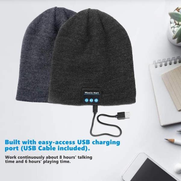 Dyzi Beanie Hat With Bluetooth Speaker Headphones Rechargeable Black
