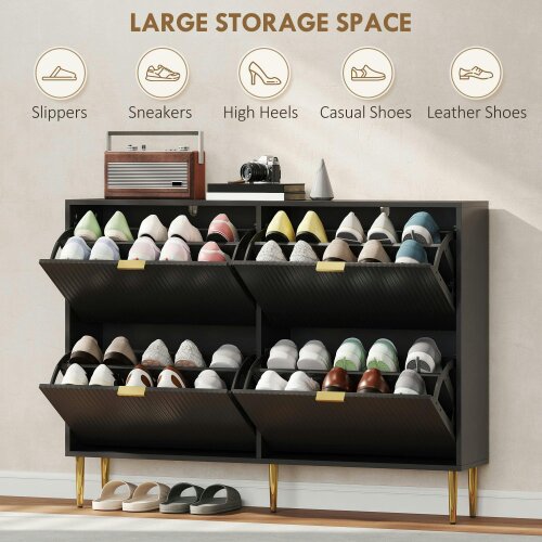 Wyld Haus Cofa Zimo Wooden Black Elegant 4 Ribbed Drawer Shoe Cabinet Gold Handles